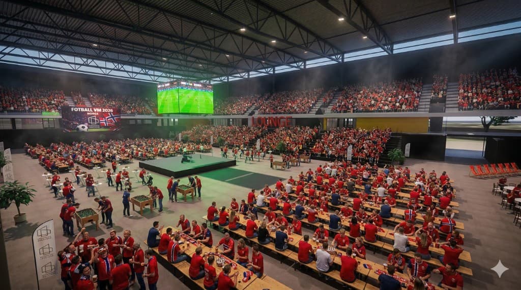 Fugleperspektiv av Trondheim Spektrum med A-Hallen og uteområdet