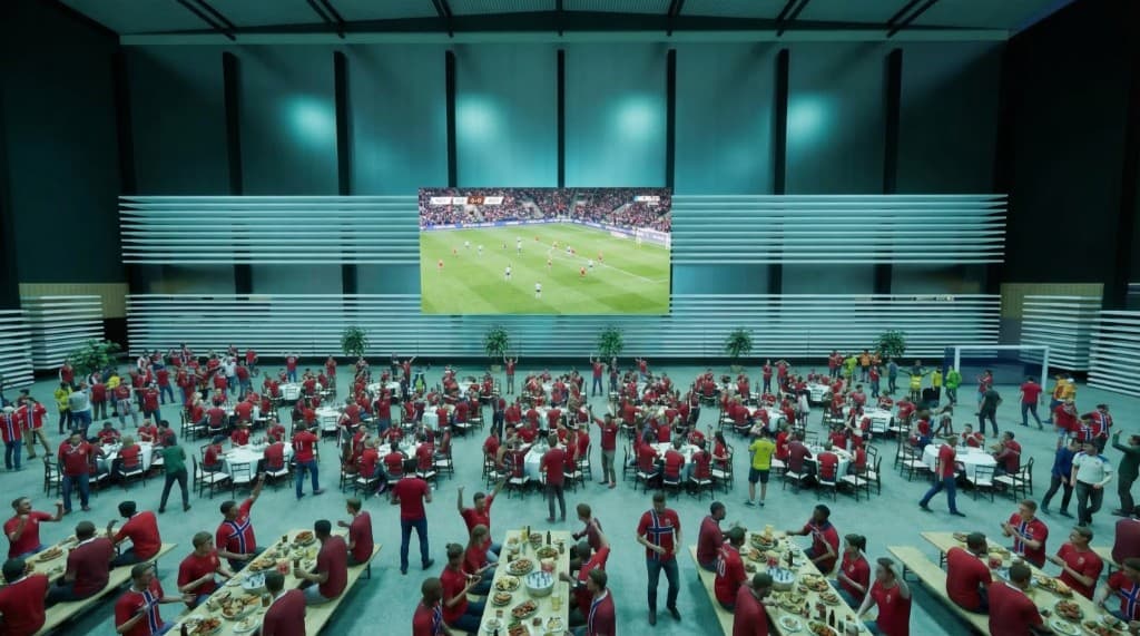Reserverte premiumbord foran storskjerm i A-Hallen under VM-visning